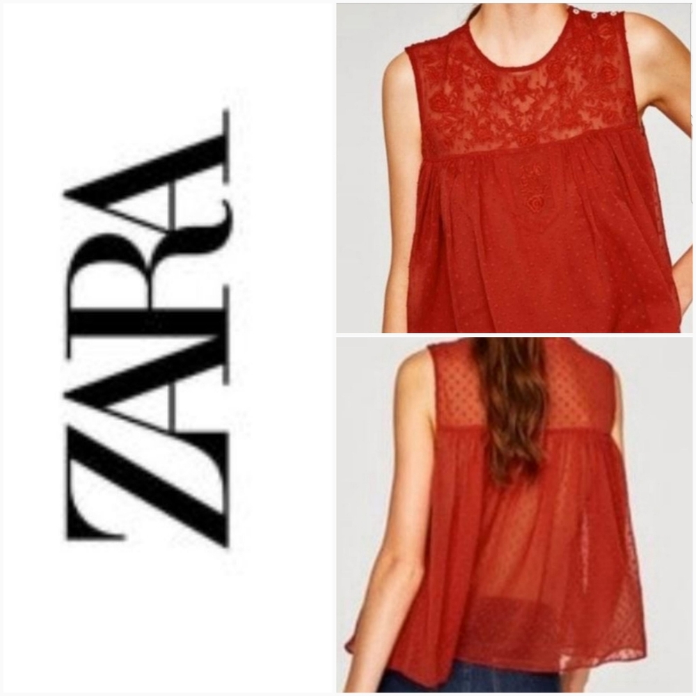 ZARA TRF M Embroidered Dotted Mesh Blouse Red Size Medium